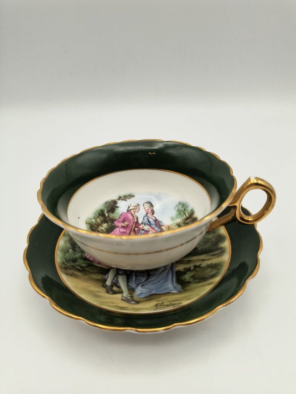 Vintage Regency Bone China Teacup & Saucer Set Green Gold Trim Hand-Painted Roma